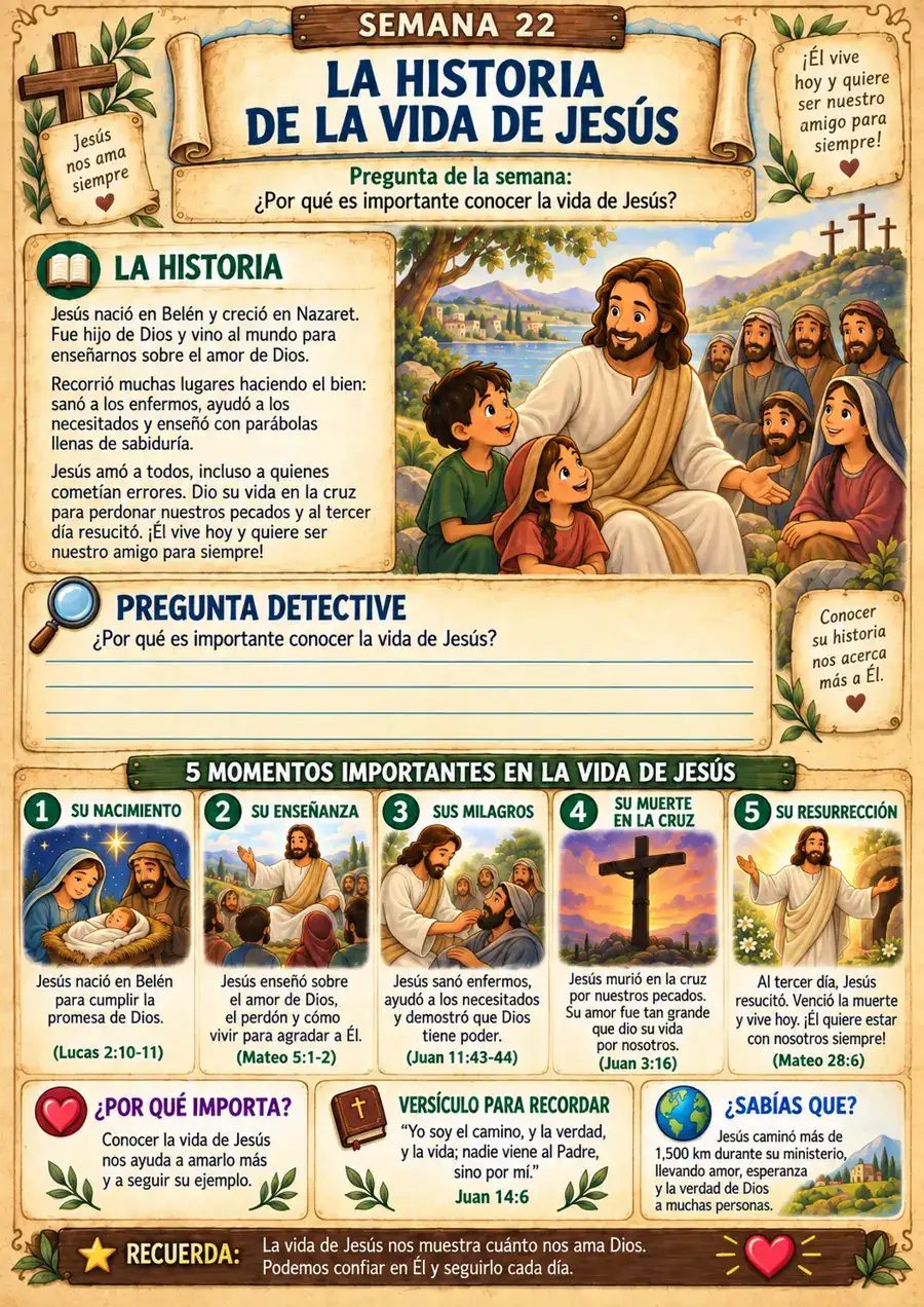 Página interior del cuaderno Generación de Fe — Semana 22: La historia de la vida de Jesús