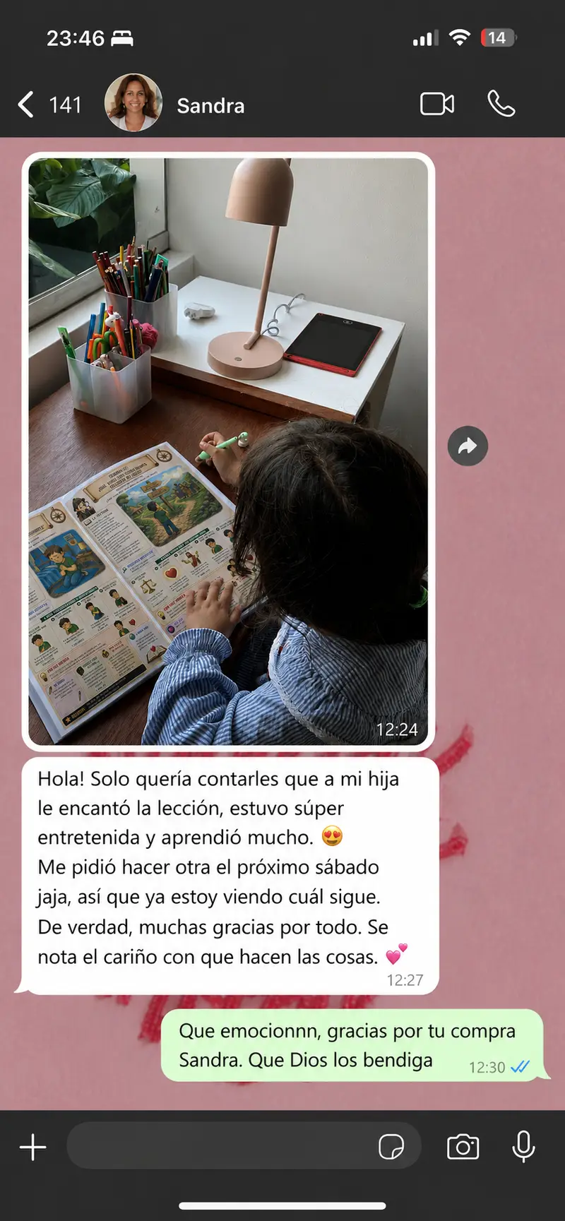 Testimonio de Sandra por WhatsApp: a su hija le encantó la lección y pidió repetir
