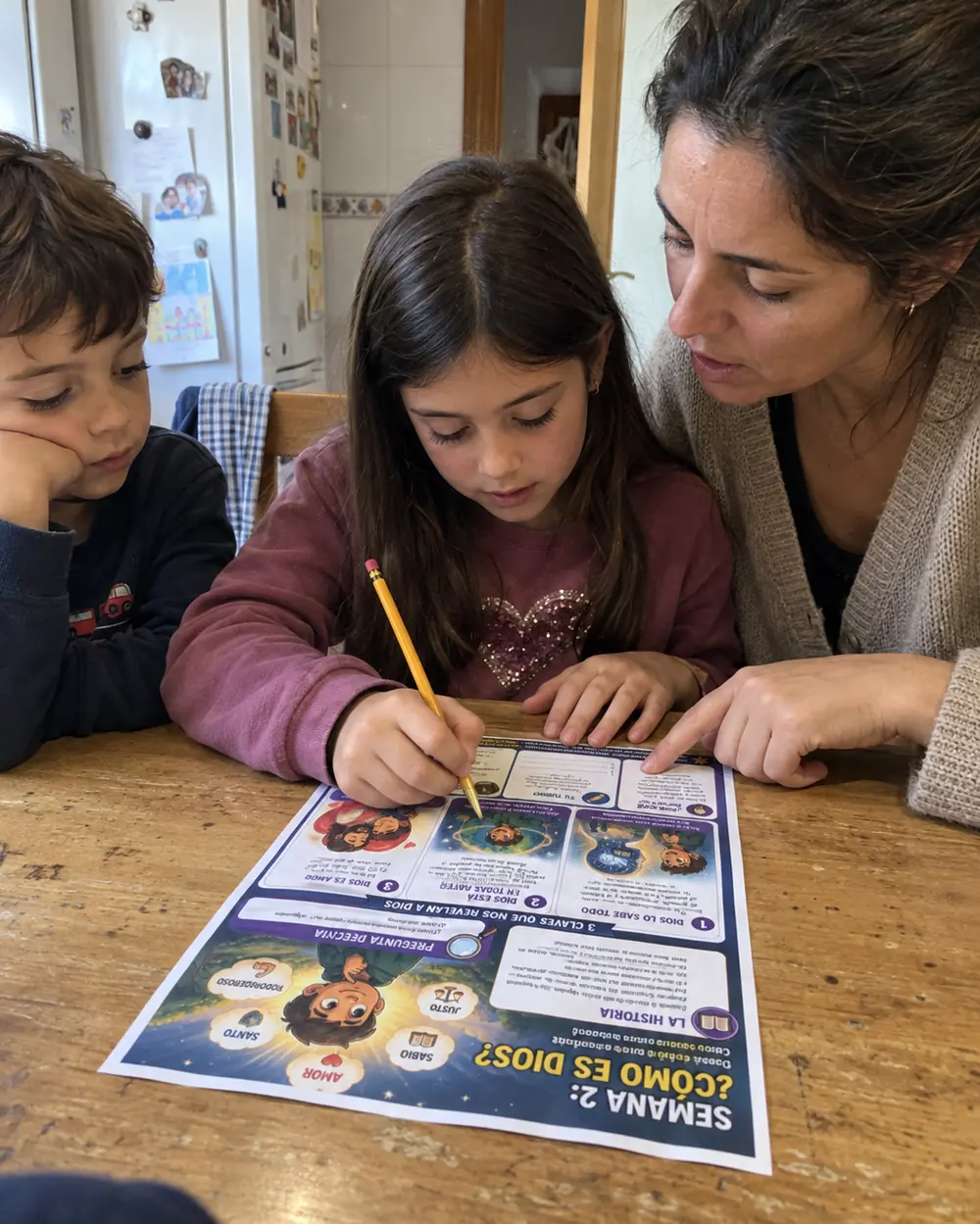 Madre y dos niños completando juntos la semana 2 del cuaderno Generación de Fe en la mesa de casa