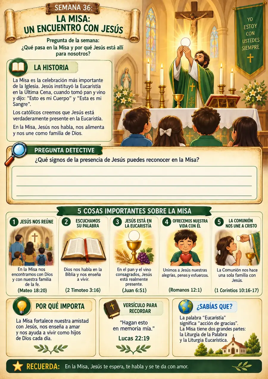 Página interior del cuaderno Generación de Fe — Semana 36: La Misa, un encuentro con Jesús