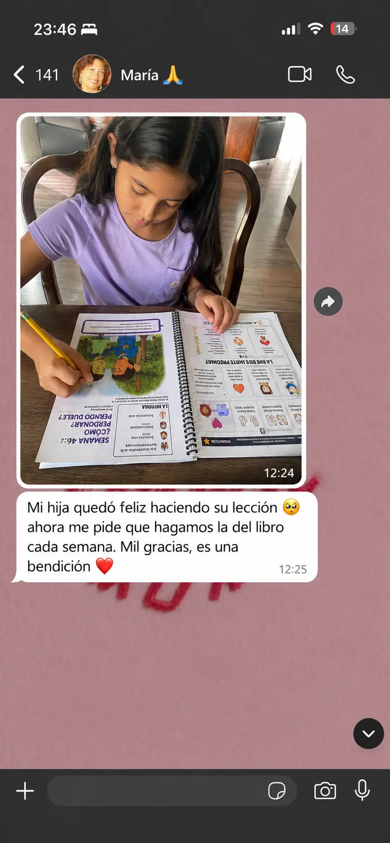 Testimonio de María por WhatsApp: su hija quedó feliz haciendo su lección semanal